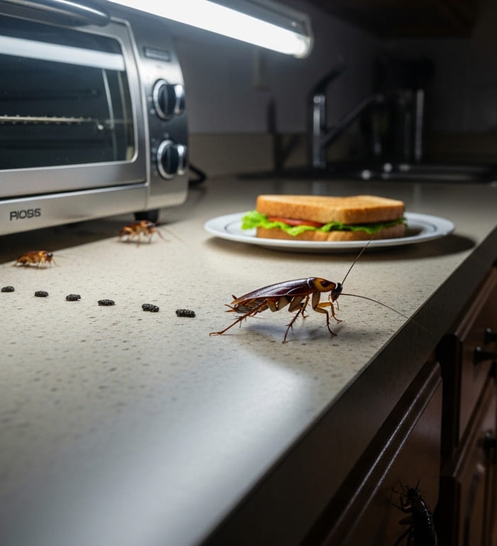 Signs of cockroach activity like droppings and egg casings