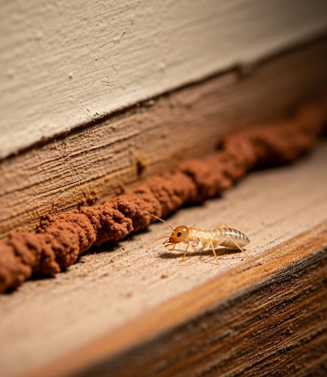 Common termite warning signs like mud tubes and frass
